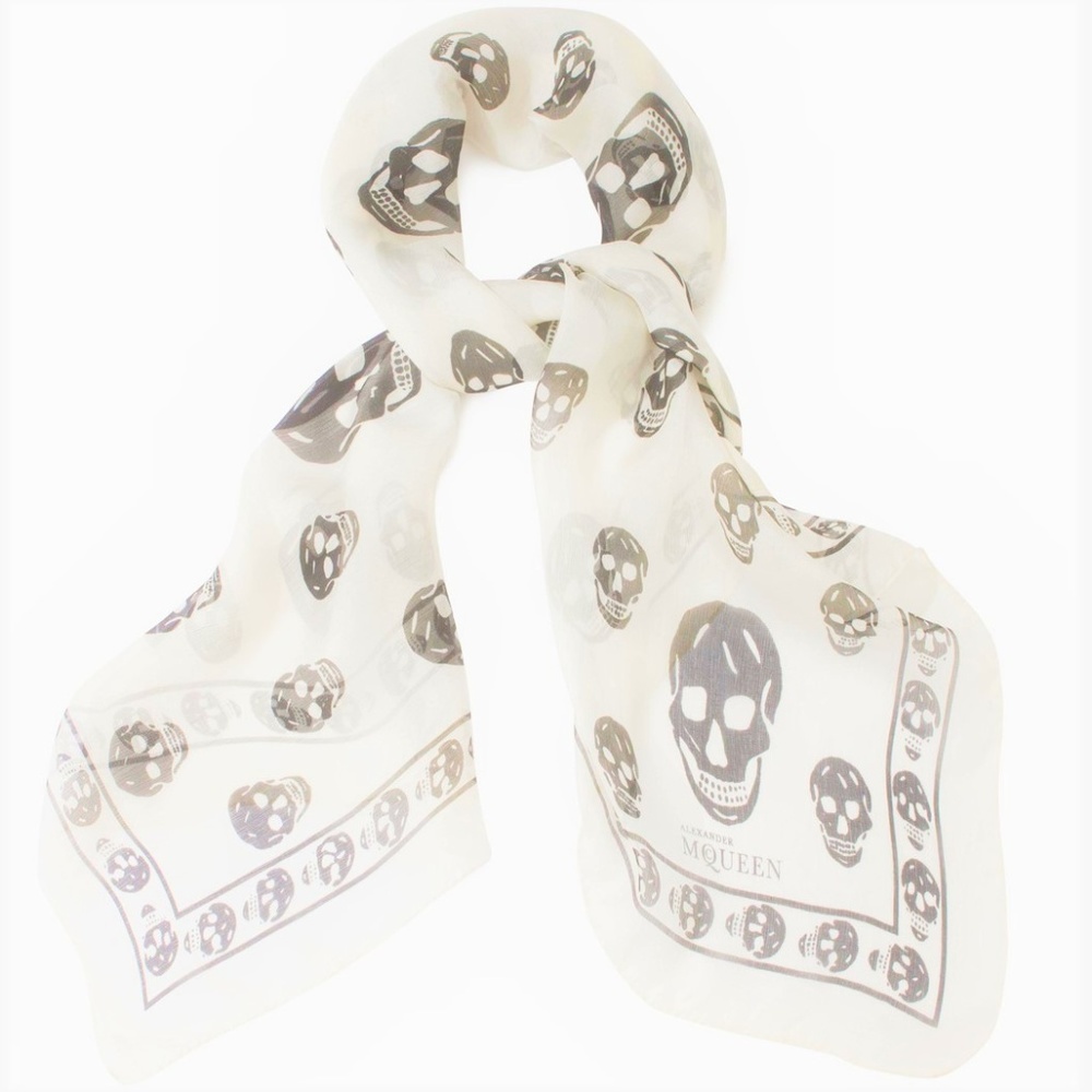 Alexander McQueen Pure Silk Skull Scarf Ivory Rolled Edges Printed Tagged Logo